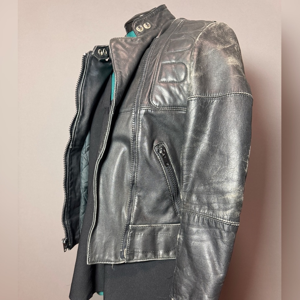Distressed padded motorcycle leather jacket